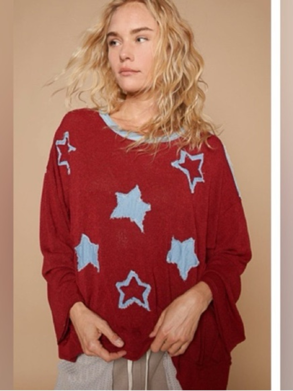 POL Oversized Patchwork Star Sweater Burgundy Denim Patriotic Raw Seam Large